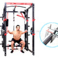 Warrior Freestanding Folding Cable Pulley Power Rack with black and red frame, shown with male model demonstrating cable fly 