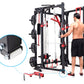 Black and red freestanding power rack with cable pulleys, weight plates, and adjustable arms, shown with shirtless man using 
