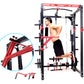 Man using red and black cable pulley power rack with adjustable pulleys and weight plates, shown in pull-up position on white