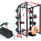 Black and red power rack with cable pulley system, weight plates, and bar, shown with shirtless model using machine and inset