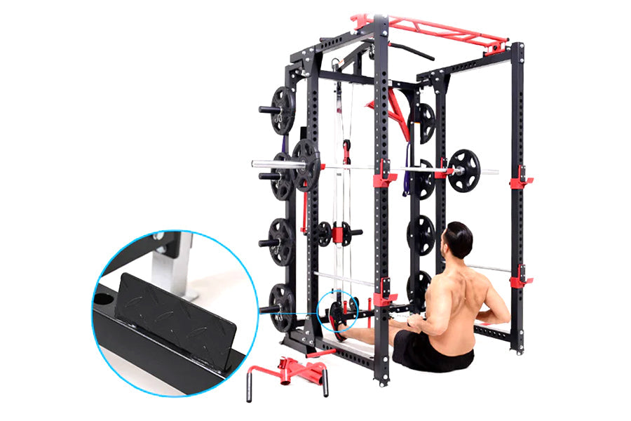 Black and red power rack with cable pulley system, weight plates, and bar, shown with shirtless model using machine and inset