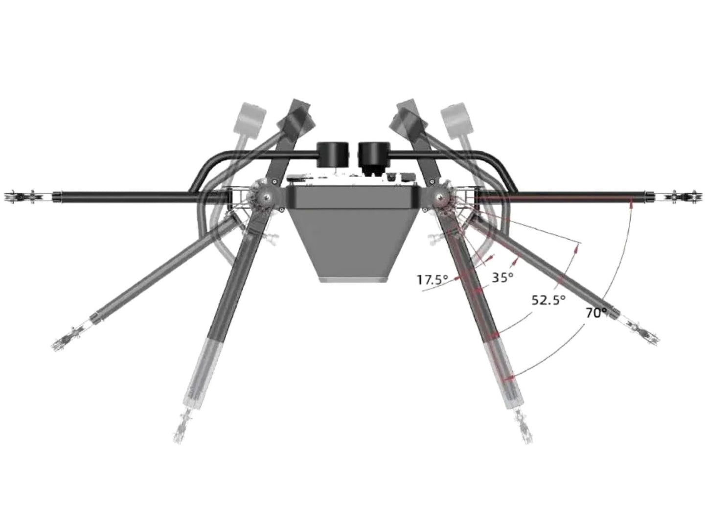 Technical diagram of a mechanical arm with labeled angles