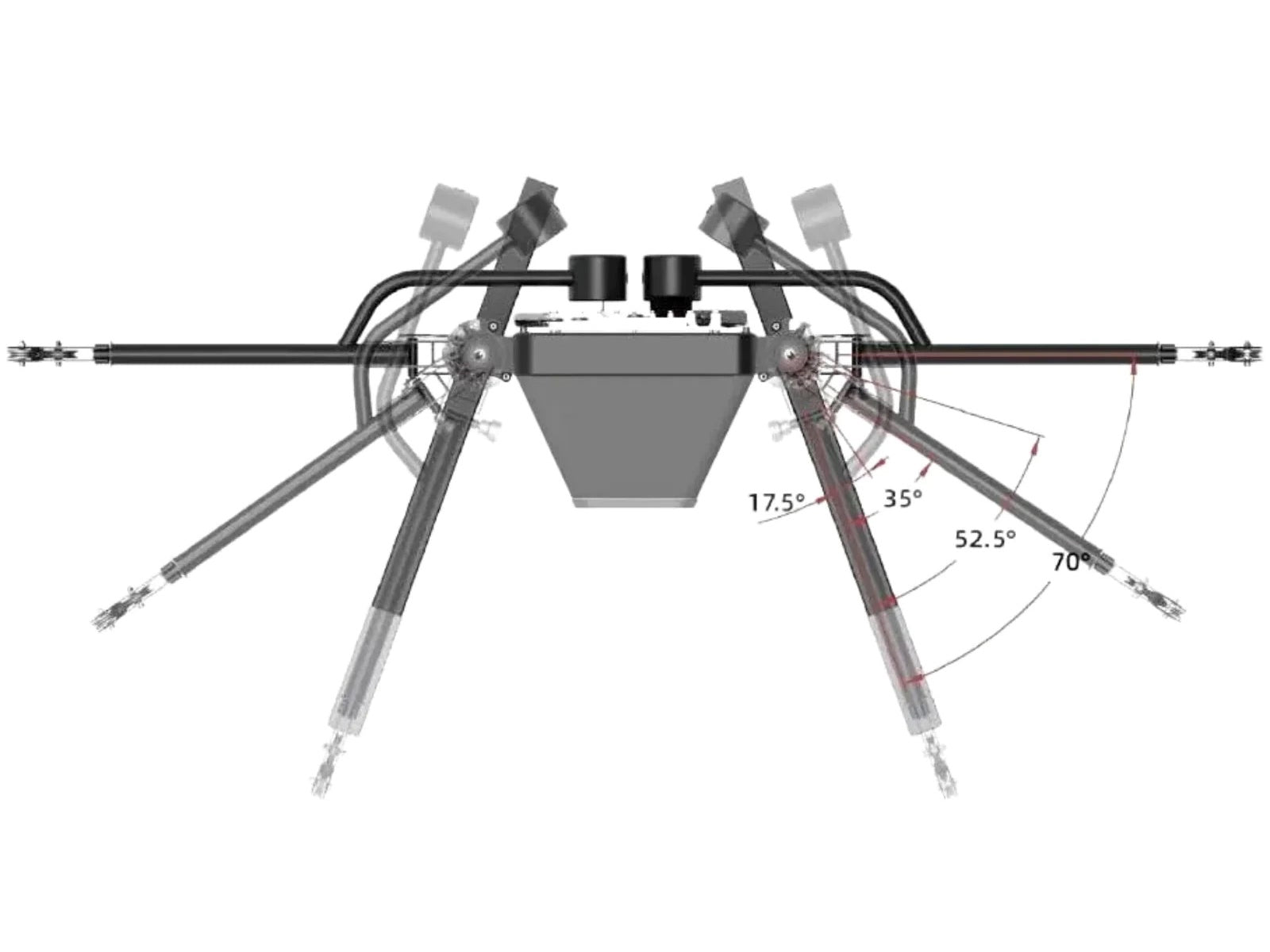 Technical diagram of a mechanical arm with labeled angles