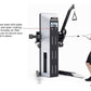 Person using a fitness machine with text about a laser-cut stainless steel skid plate.