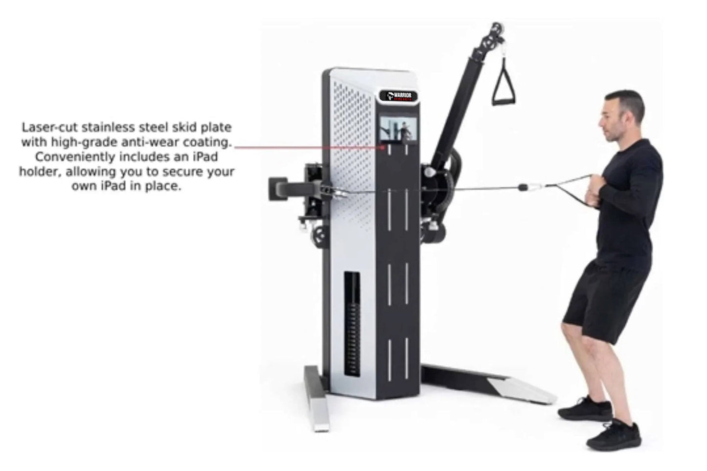 Person using a fitness machine with text about a laser-cut stainless steel skid plate.