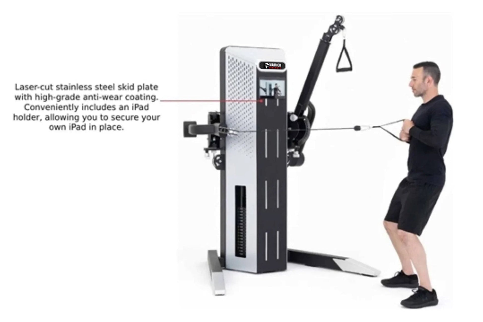 Person using a fitness machine with text about a laser-cut stainless steel skid plate.