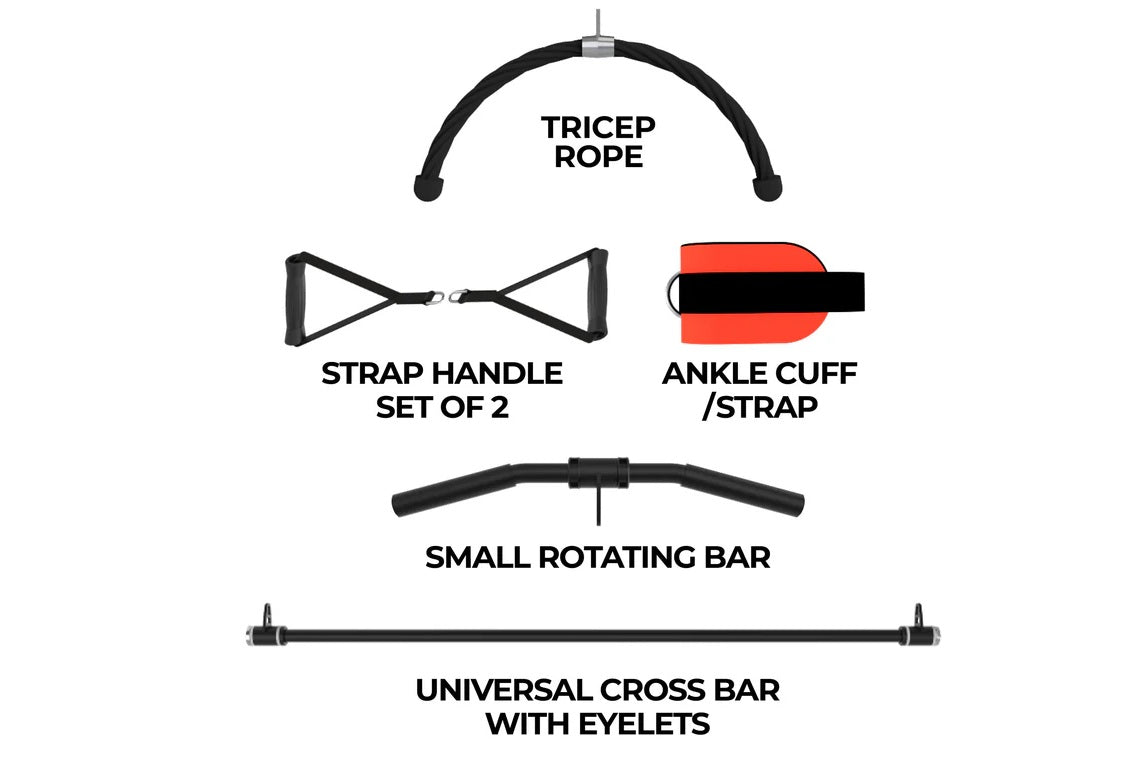 Black cable pulley functional trainer home gym accessories set including tricep rope, strap handles, red and black ankle cuff
