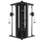 Black and silver cable pulley functional trainer with dual adjustable pulleys, red accents, and triangle handles, front view 