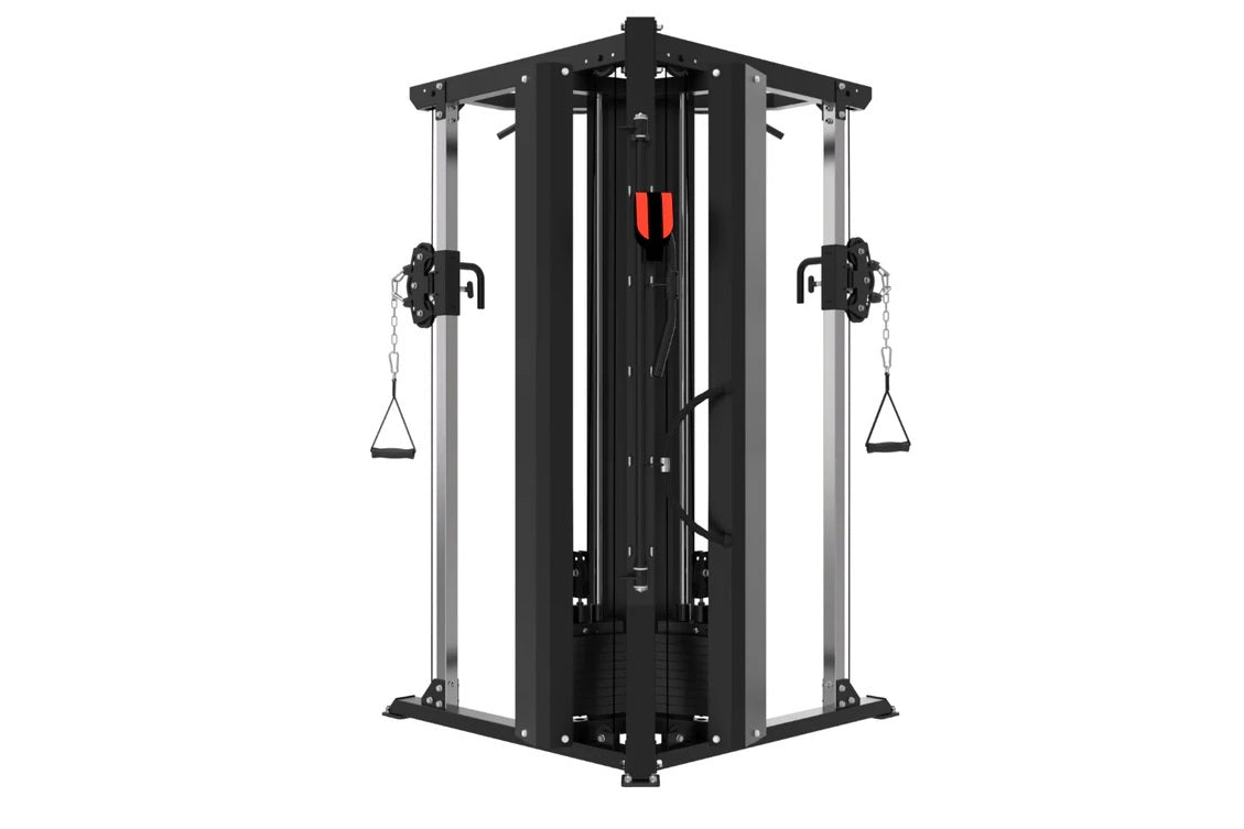 Black and silver cable pulley functional trainer with dual adjustable pulleys, red accents, and triangle handles, front view 