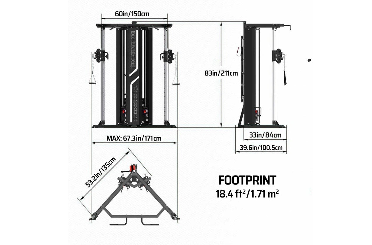 Black and gray cable pulley functional trainer with dual weight stacks, adjustable pulleys, and dimensions labeled, shown fro