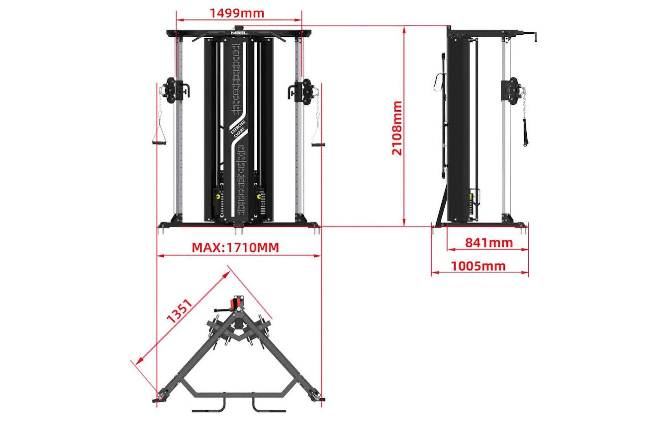 Warrior FT900 cable pulley functional trainer with dual weight stacks, adjustable pulleys, and dimensions marked, shown in fr