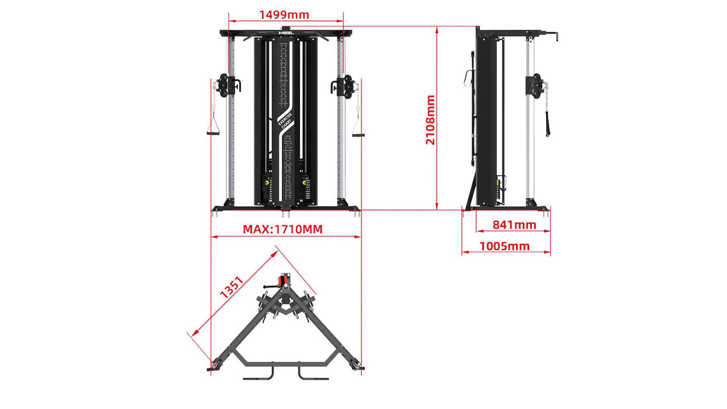 Warrior FT900 cable pulley functional trainer with dual weight stacks, black frame with red accents, shown with front and sid