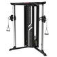 Black and silver cable pulley functional trainer with dual adjustable pulleys and triangular handles, on white background