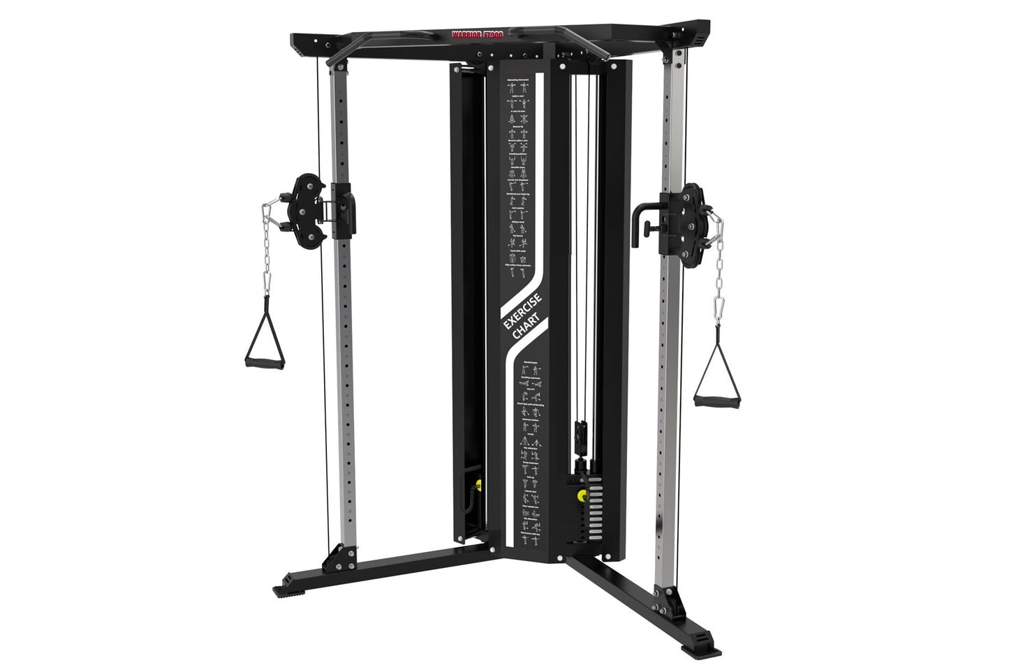 Black and silver cable pulley functional trainer with dual adjustable pulleys and triangular handles, on white background