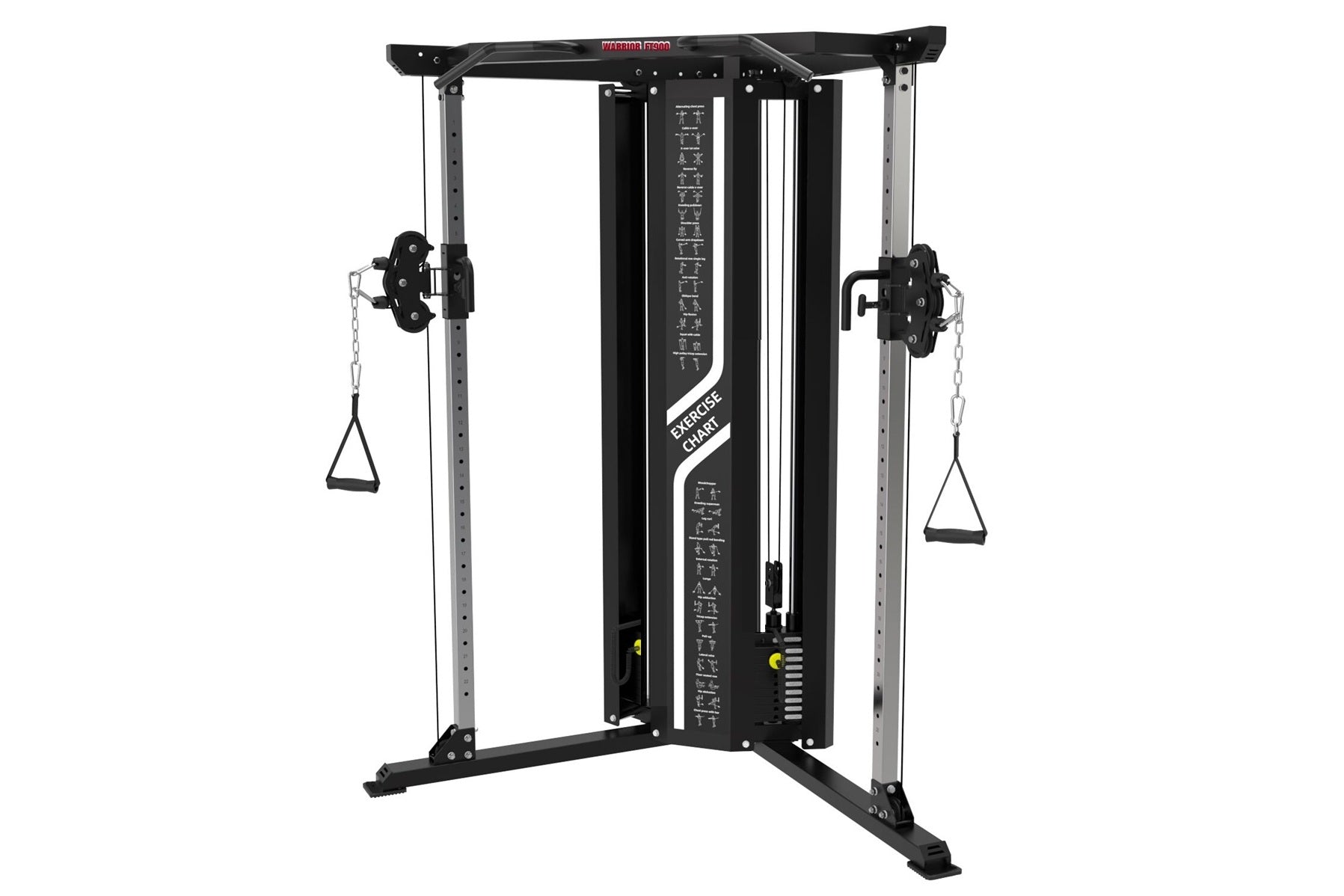 Black and silver cable pulley functional trainer with dual adjustable pulleys and triangular handles, on white background