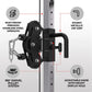 Black cable pulley functional trainer with stainless steel uprights, 180-degree swivel system, metallic dip grip, and adjusta