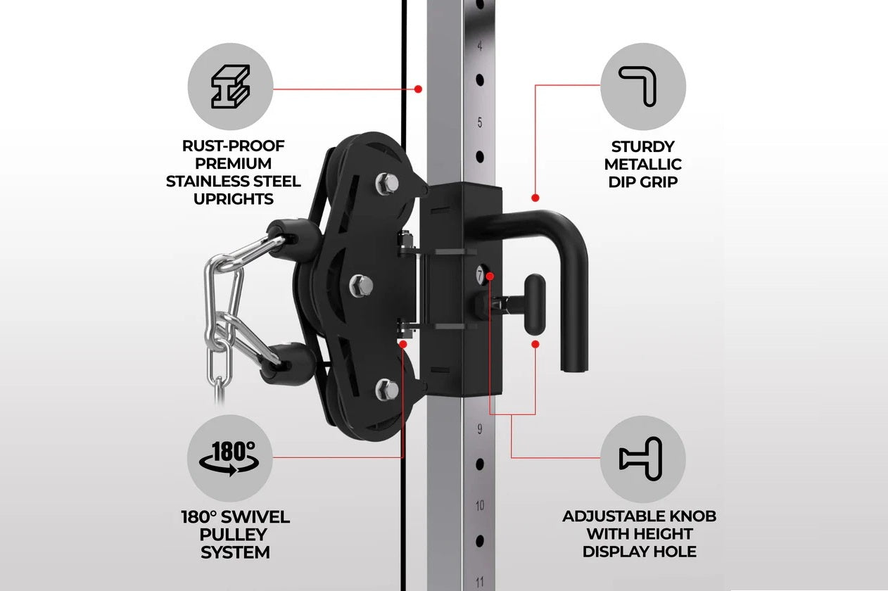 Black cable pulley functional trainer with stainless steel uprights, 180-degree swivel system, metallic dip grip, and adjusta