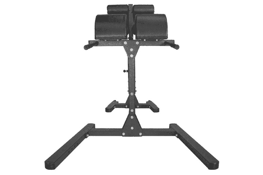 Black cast iron glute and ham developer machine with padded knee and leg supports on adjustable vertical stand, front view on