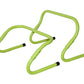 Bright lime green adjustable speed hurdles with black foot pegs on white background