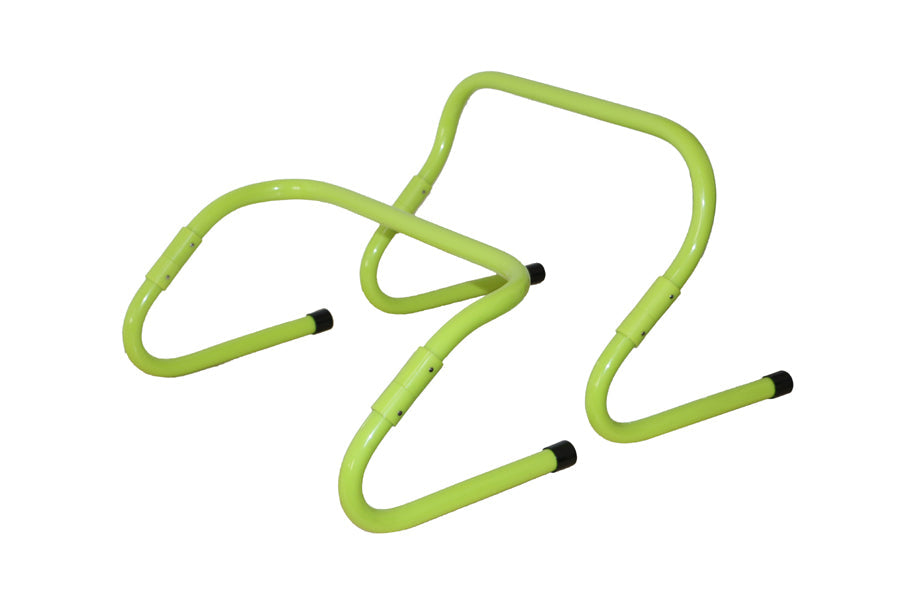 Bright lime green adjustable speed hurdles with black foot pegs on white background