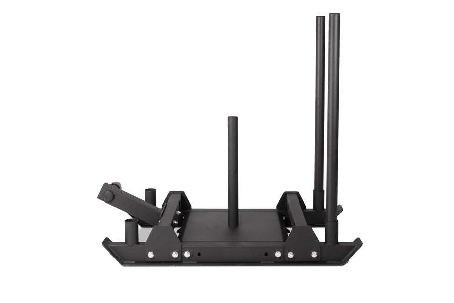 Black heavy-duty push sled with dual angled handles, multiple antenna ports, and adjustable foot pegs on white background