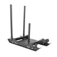 Black steel wheelbarrow push sled with three tall antenna-like handles and adjustable side arms on white background