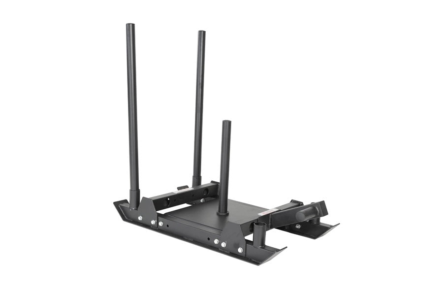 Black steel wheelbarrow push sled with three tall antenna-like handles and adjustable side arms on white background