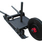 Black steel push sled with red hub wheel, dual handles, and flat platform base on white background
