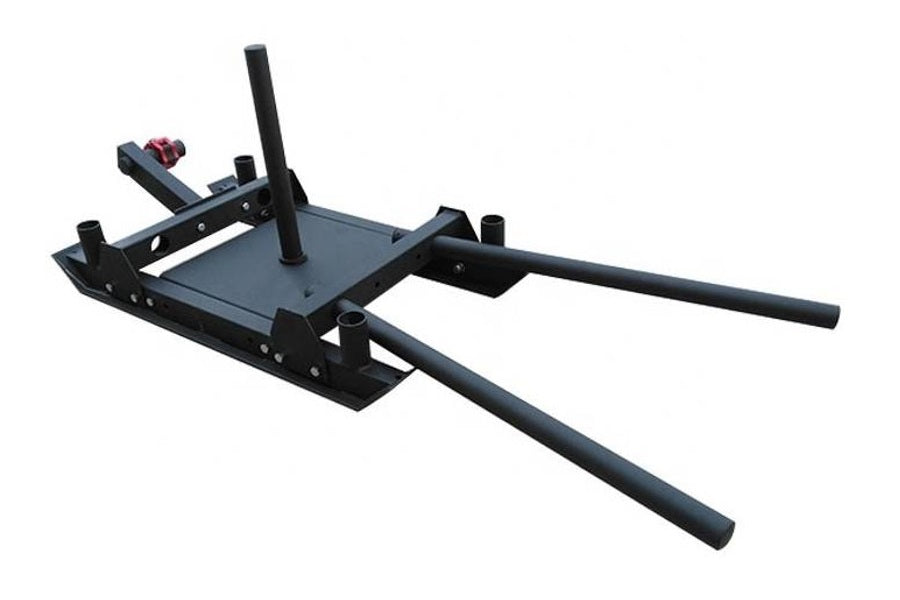 Black steel push sled with dual handles, adjustable footplate, and weight pegs on white background