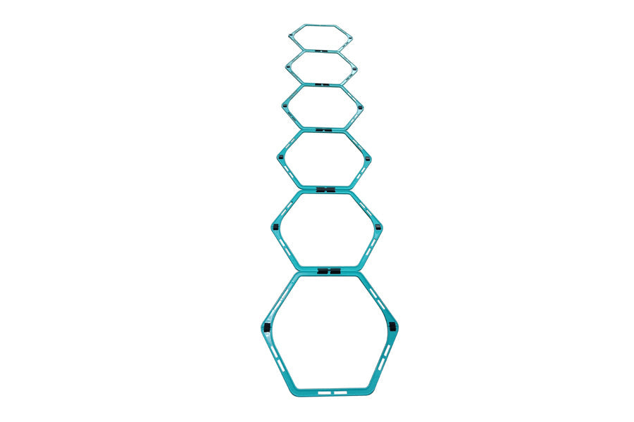 Teal hexagonal agility ladder with six connected segments and black connectors, displayed vertically on white background