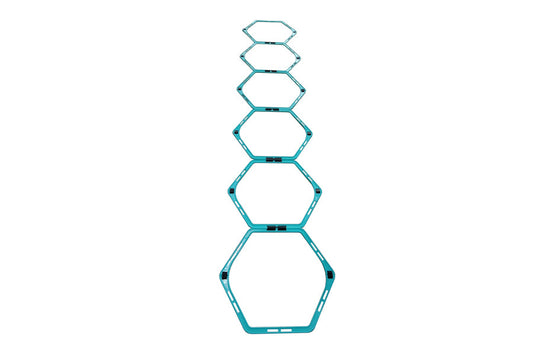 Teal hexagonal agility ladder with six connected segments and black connectors, displayed vertically on white background