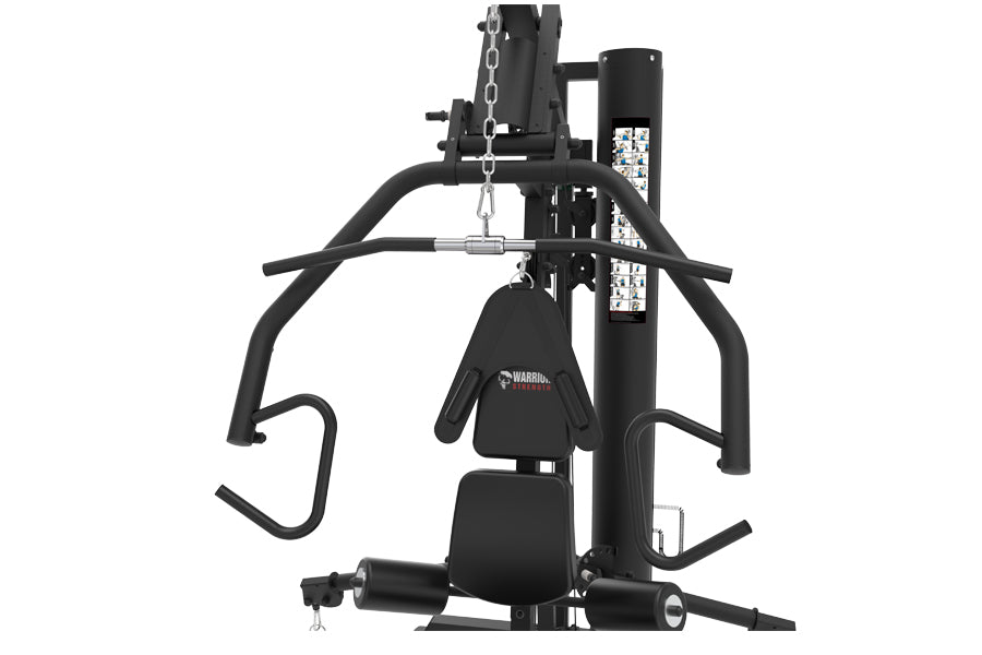 Black multi-station home gym with padded seat, chest press arms, lat pulldown attachment, and leg press platform on white bac