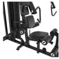 Black multi-station home gym with leg press, padded seat and backrest, adjustable arm handles, and foot pedals on white backg