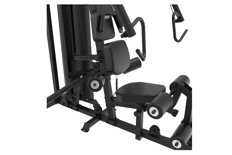 Black multi-station home gym with leg press, padded seat and backrest, adjustable arm handles, and foot pedals on white backg