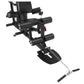 Black multi-station home gym with leg press attachment, adjustable seat, multiple cylindrical weight arms, and footplate on w