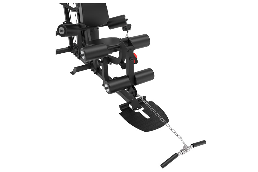 Black multi-station home gym with leg press attachment, adjustable seat, multiple cylindrical weight arms, and footplate on w