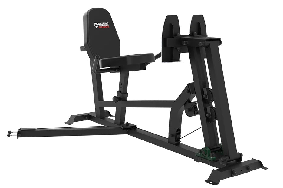 Black Warrior HG900 home gym with padded seat and backrest, leg press attachment, and sturdy steel frame on white background