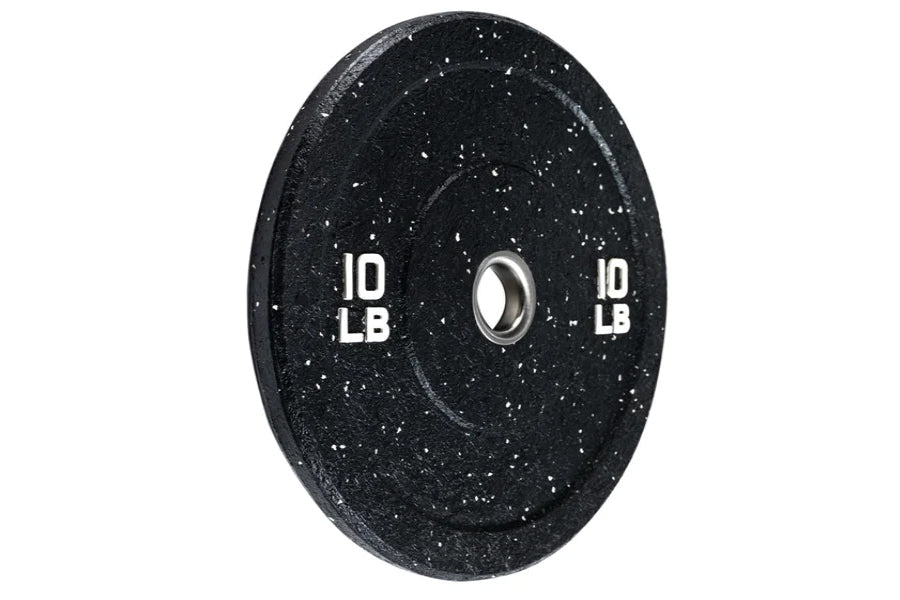 Black speckled bumper plate with white "10 LB" text on each side and center steel collar on white background