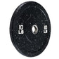 Black speckled 10 lb bumper plate with white weight marking and chrome center ring, on white background