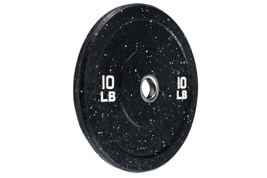 Black speckled 10 lb bumper plate with white weight marking and chrome center ring, on white background