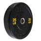 Warrior Hi-Temp 35 lb black bumper plate with yellow speckles and chrome center collar, flat lay view