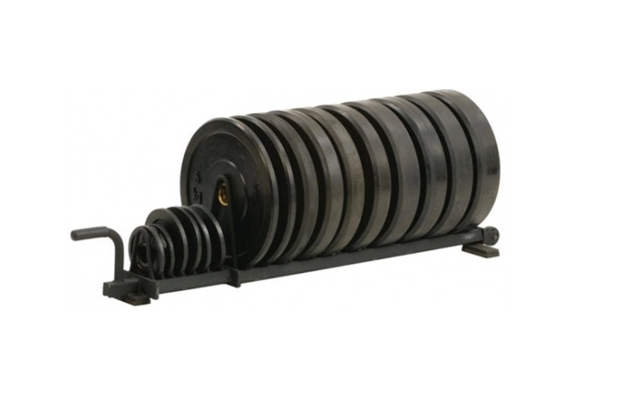 Warrior Horizontal Bumper Rack with black rubber-coated weight plates on white background