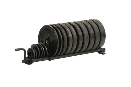 Warrior Horizontal Bumper Rack with black rubber-coated weight plates on white background