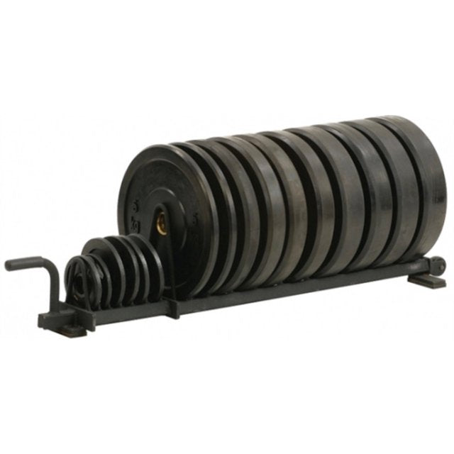 Horizontal bumper plate rack with black rubber-coated weight plates stacked on metal bar with support arms, on white backgrou