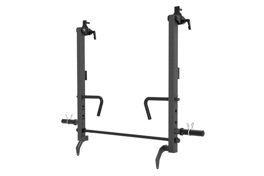 Black steel squat rack attachment with jammer arms, safety bars, and adjustable j-hooks on white background