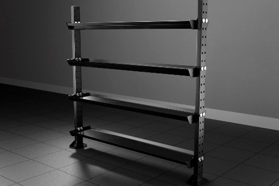 Black metal free weight storage rack with four horizontal shelves and adjustable pegs, shown against gray background