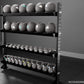 Four-tier metal weight storage rack with gray frame holding six exercise balls on top shelf, six stability balls on second sh