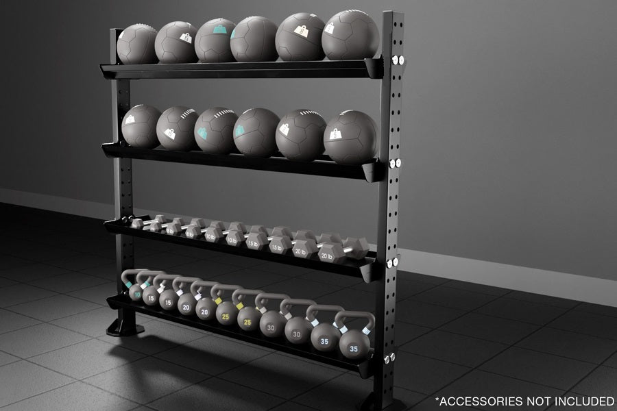 Four-tier metal weight storage rack with gray frame holding six exercise balls on top shelf, six stability balls on second sh