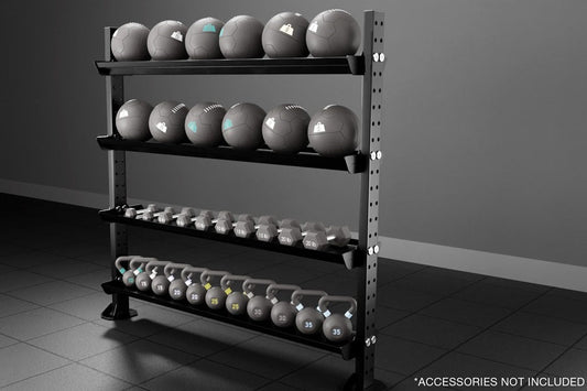 Four-tier metal weight storage rack with gray frame holding six exercise balls on top shelf, six stability balls on second sh