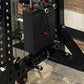 Black lat pulldown and low-row home gym system with stacked weight plates, red adjustment knobs, and cable attachments mounte